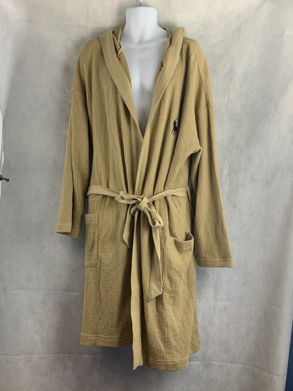 Polo Ralph Lauren Men's Thermal Waffle Knit Long Robe, Khaki, L/XL Large / XL